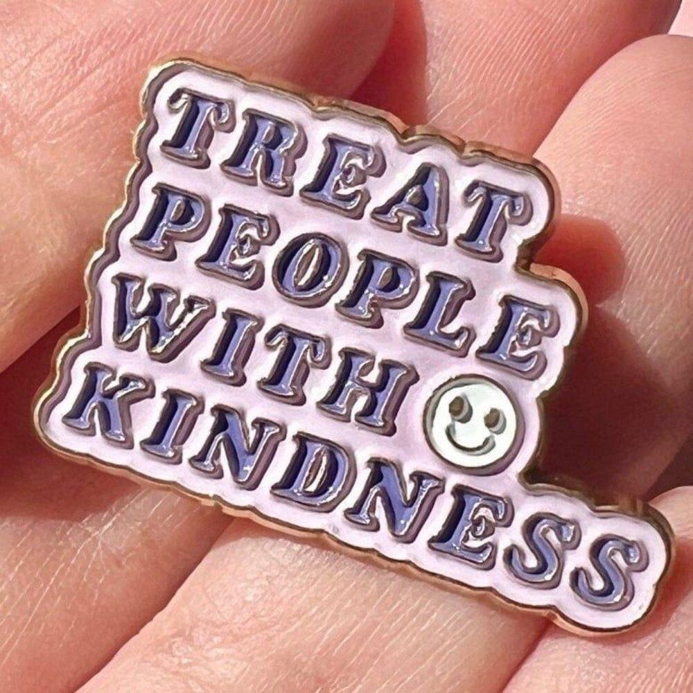 Treat people with kindness purple y2k bubble letter enamel pin